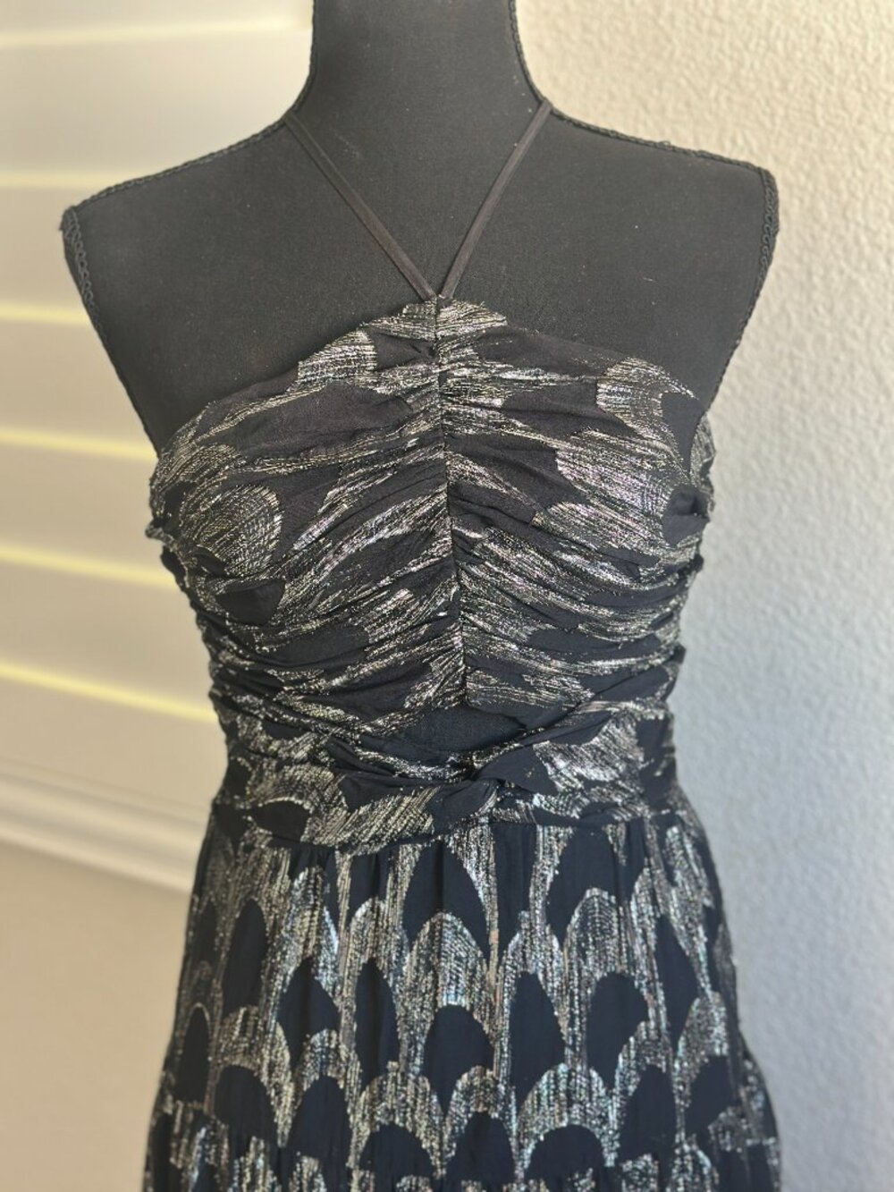 ASTR The Label Black Silver Metallic Jacquard Halter Maxi Dress